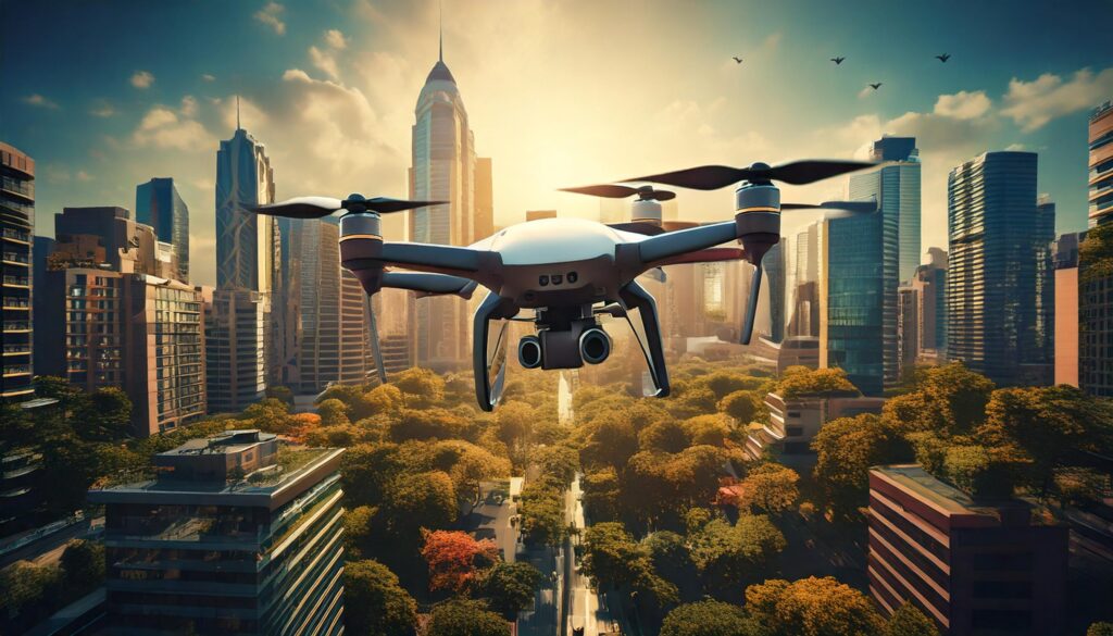 Drones sobrevolando el cielo en una ciudad