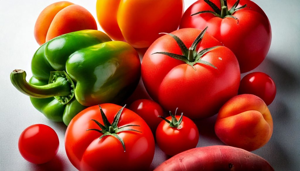 Melocotones, tomates y pimientos