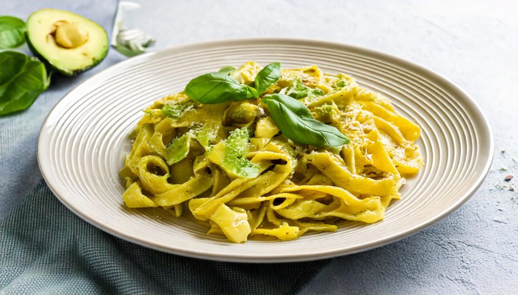 Pasta con salsa de aguacate y albahaca