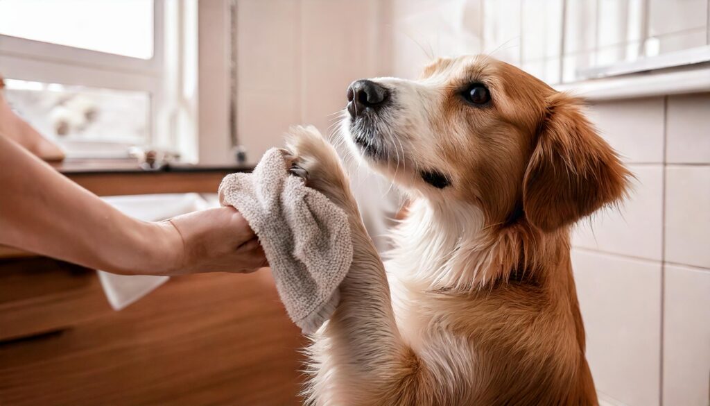 Limpieza de las patas de un perro tras el paseo