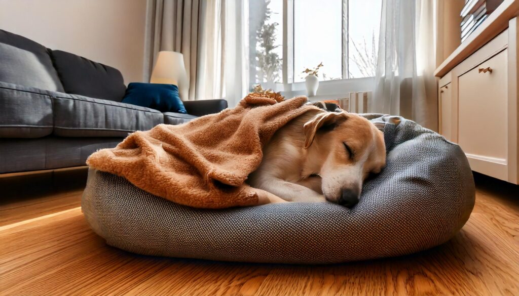 Perro durmiendo en su cama en invierno