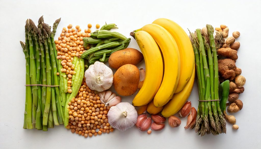 plátanos ajo cebolla y puerros espárragos lentejas y garbanzos.