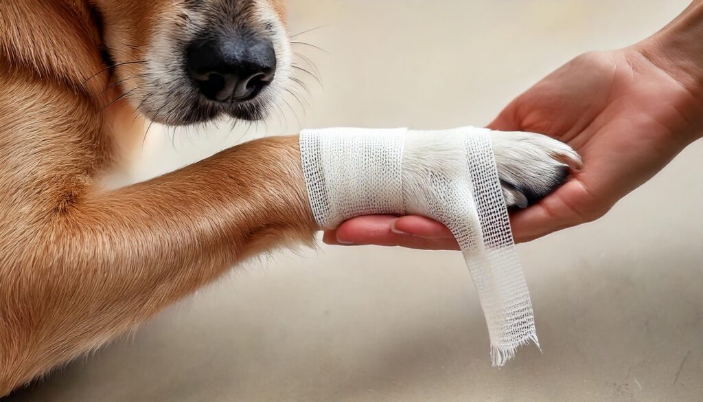 Vendaje de herida en la pata de un perro