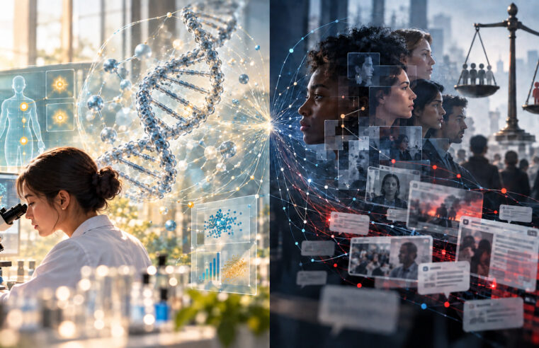 Ilustración que representa las dos caras de la inteligencia artificial: beneficios medidos en ciencia y medicina frente a riesgos documentados como los sesgos algorítmicos y la desinformación.